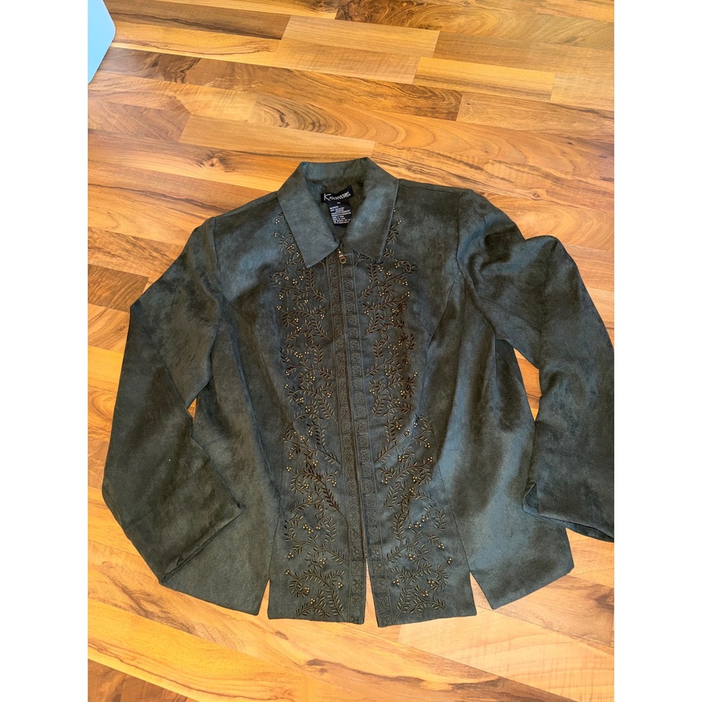 Kwoman Collection Jacket Women 14W Green Excellent Faux Suede Embroidered Beaded